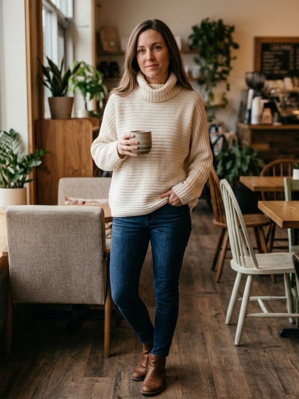 Larry Levine Women's Turtleneck Horizontal Ribbed Sweater